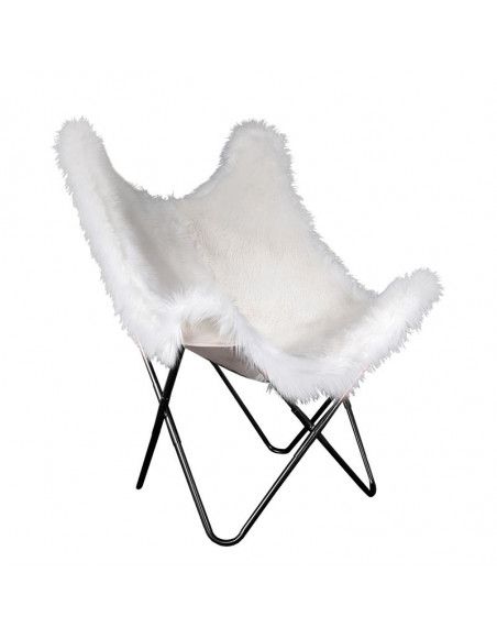 Fauteuil papillon en fausse fourrure - Pieds noirs - Blanc