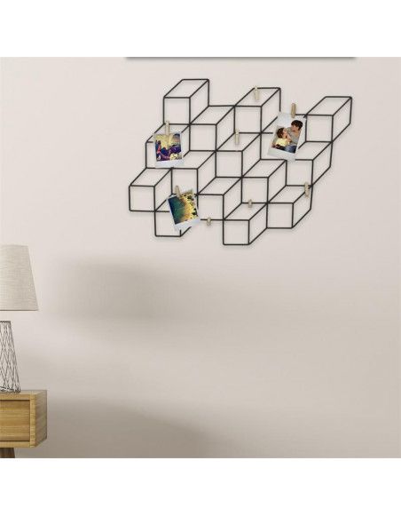 Pêle-mêle cube effet 3D - 8 pinces - L 55 cm x l 1 x H 41,5 cm - Noir