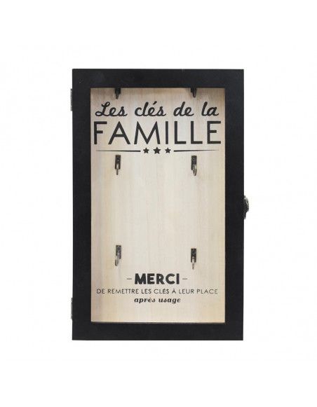 Boîte à clés en bois avec imprimé "Famille"- 6 supports - Noir et Beige