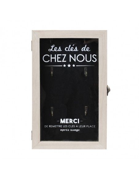 Boîte à clés en bois avec imprimé "chez nous" - 6 supports - Noir et Beige