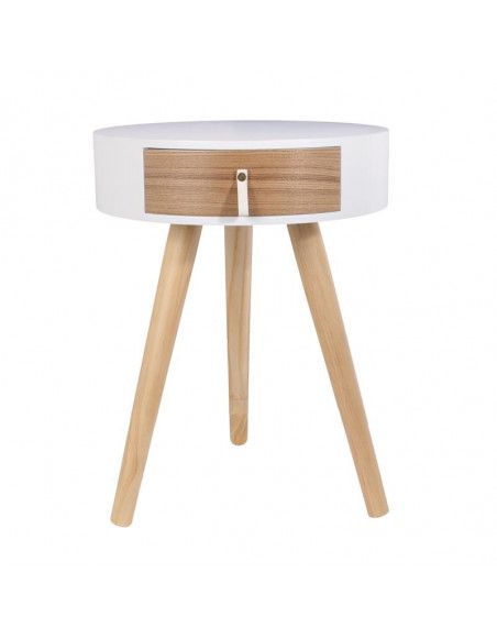 Table de chevet ronde en bois avec tiroir - Nora - D 34,5 x 47 cm - Blanc