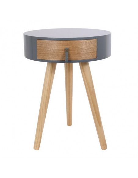 Table de chevet ronde en bois avec tiroir - Nora - D 34,5 x 47 cm - Gris