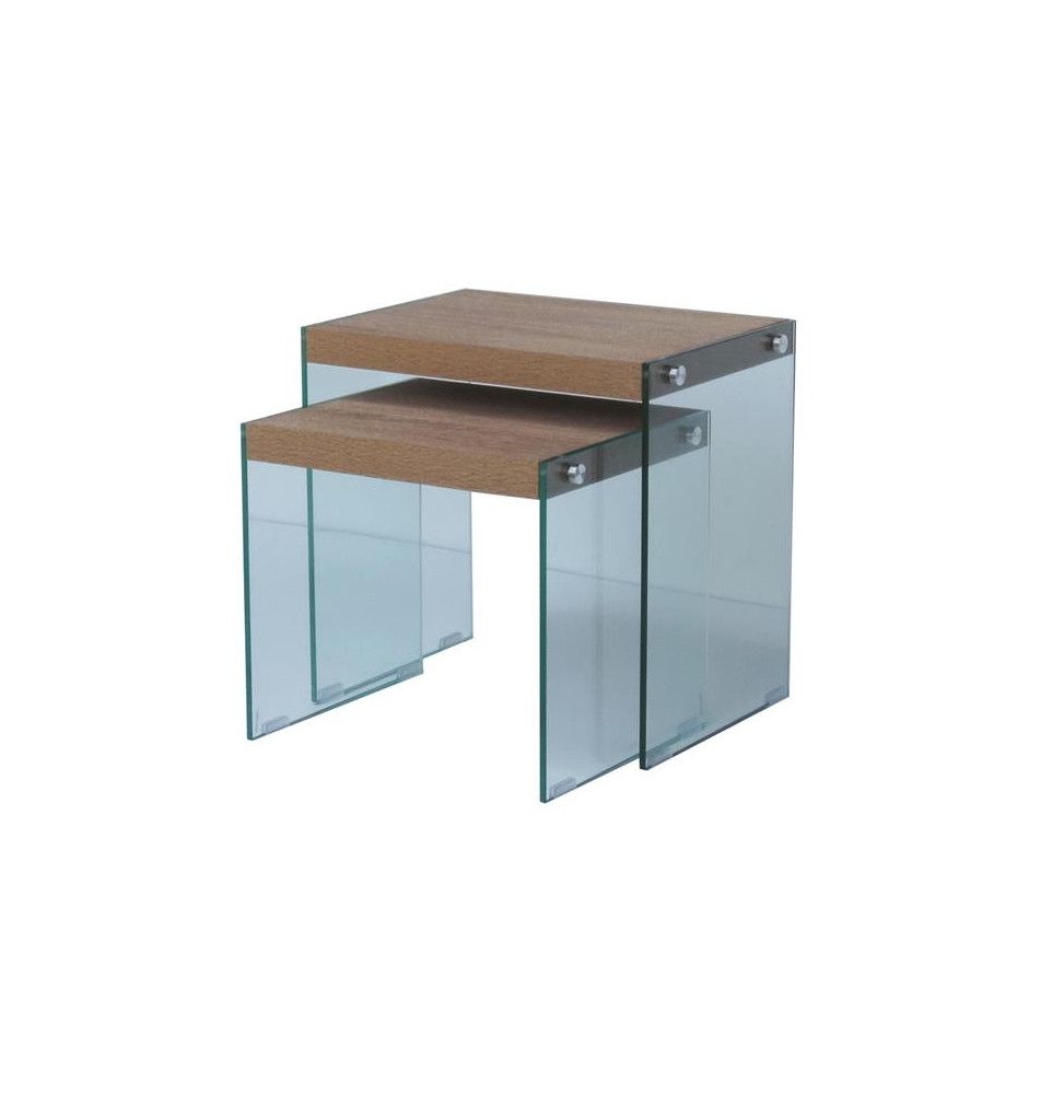 Set de 2 tables gigognes en bois avec pieds en verre - L 46 x l 32 x H 43 cm - Marron