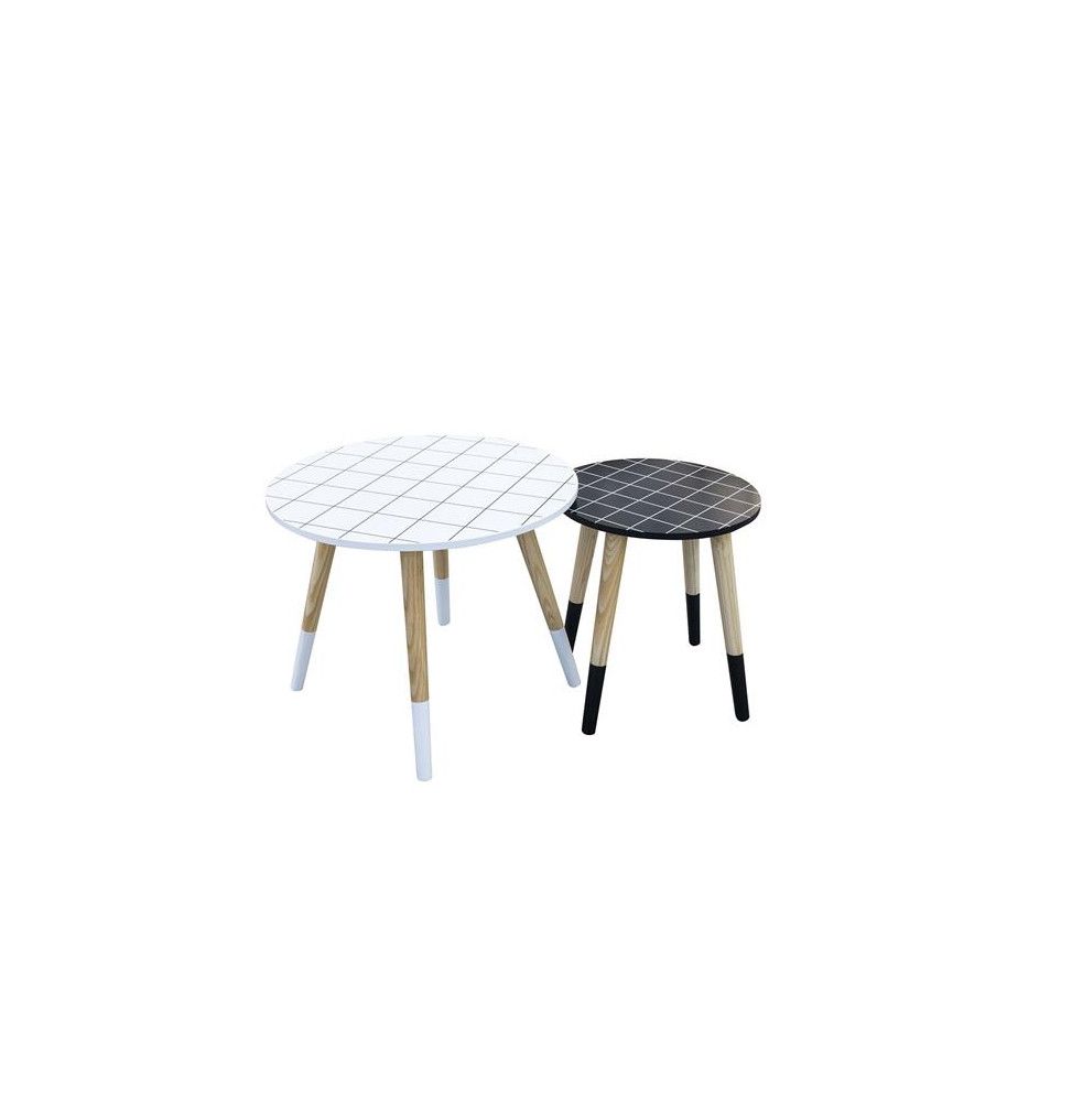 Set de 2 tables gigognes avec plateau motif carreaux - L 43 x l 43 x H 48 cm - Blanc et Bleu