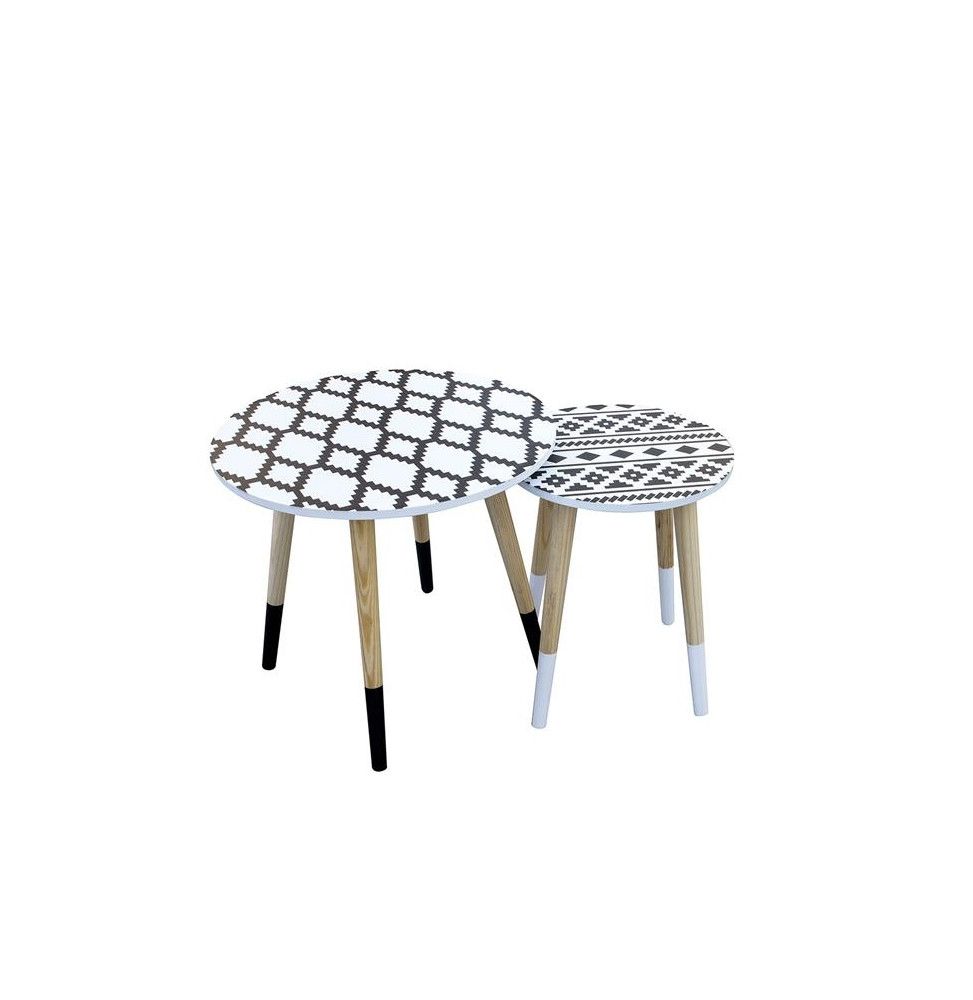 Set de 2 tables gigognes motif ethnique - L 43 x l 43 x H 48 cm - Noir et Blanc