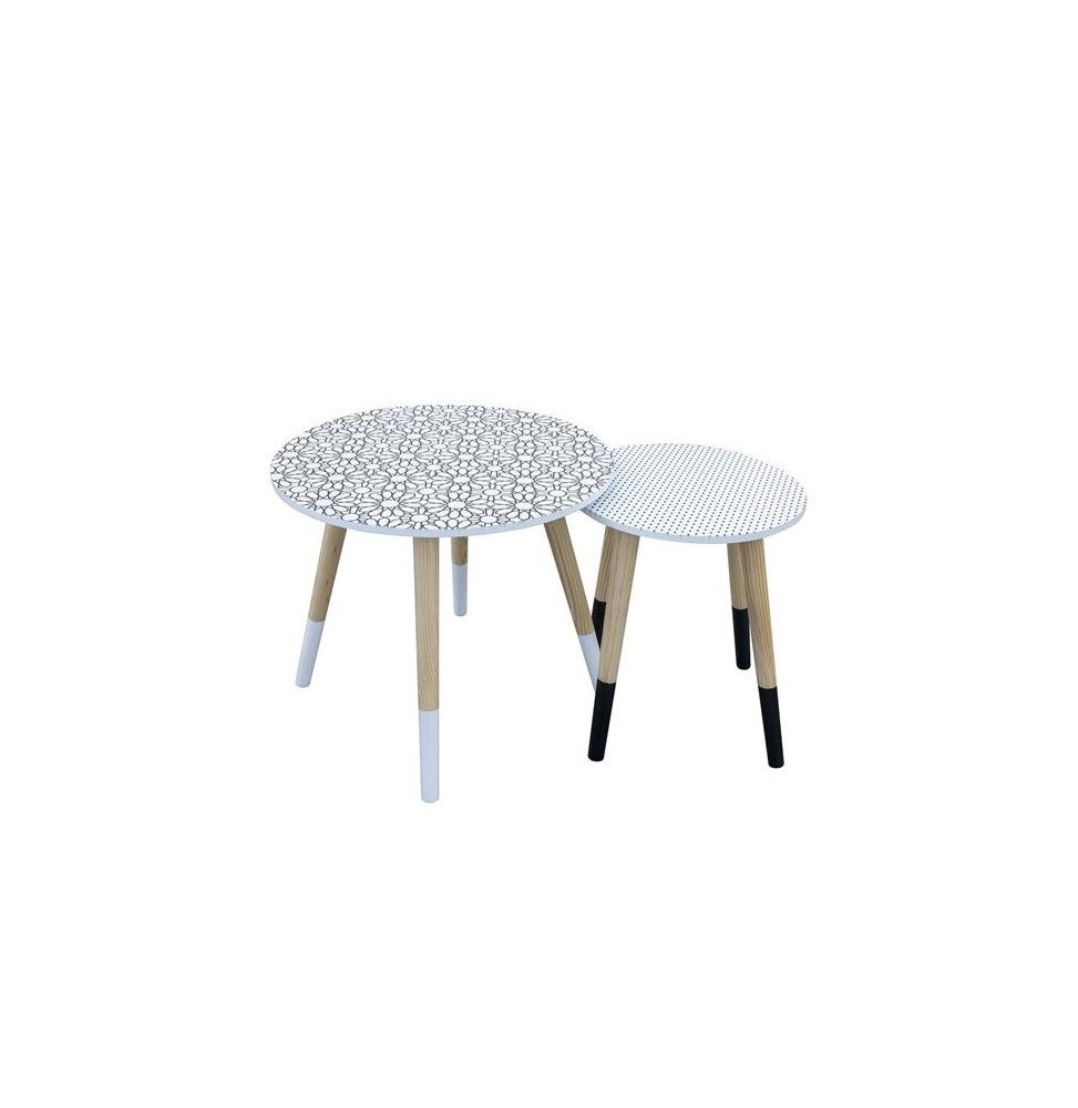 Set de 2 tables gigognes motif fleur et pois - L 43 x l 43 x H 48 cm - Noir et Blanc