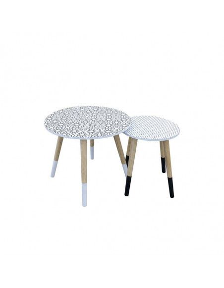Set de 2 tables gigognes motif fleur et pois - L 43 x l 43 x H 48 cm - Noir et Blanc