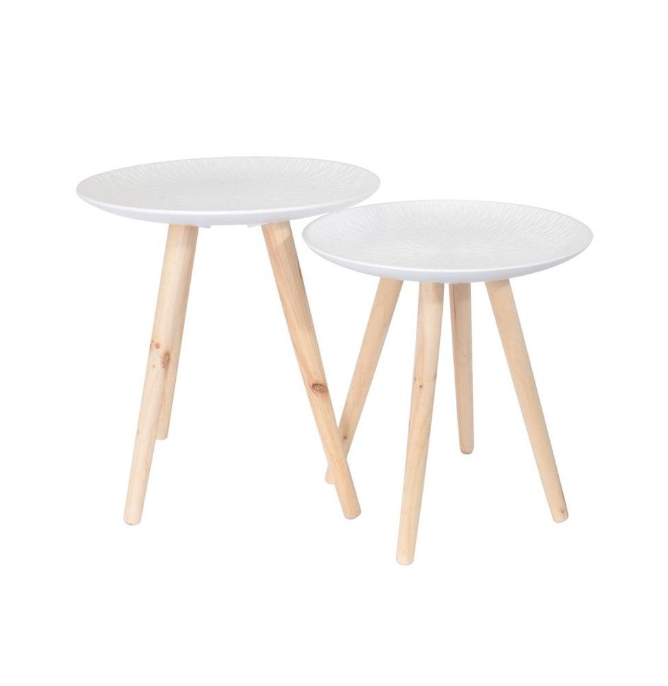 Set de 2 tables gigognes plateau rond motif feuille - L 44,5 x l 44,5 x H 49,5 cm - Blanc