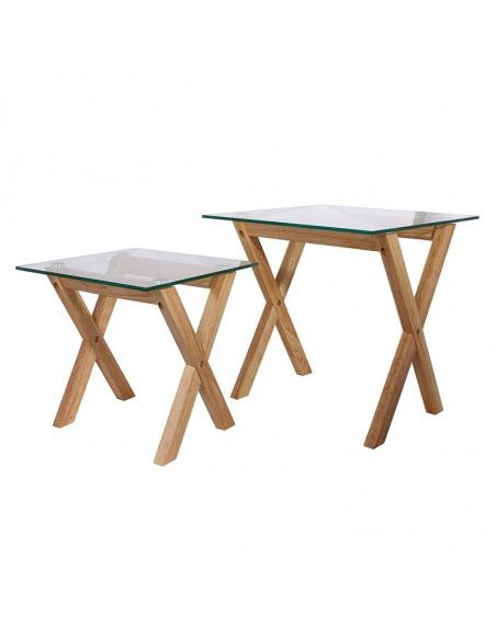 Lot de 2 tables gigognes avec plateau carré en verre trempé - L 50 x l 50 x H 50 cm - Beige