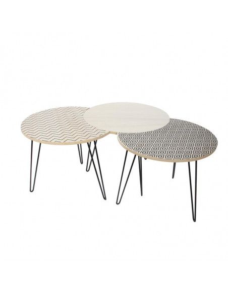 Set de 3 tables gigognes motif losange et zigzag - L 45 x l 45 x H 36 cm - Beige et Noir
