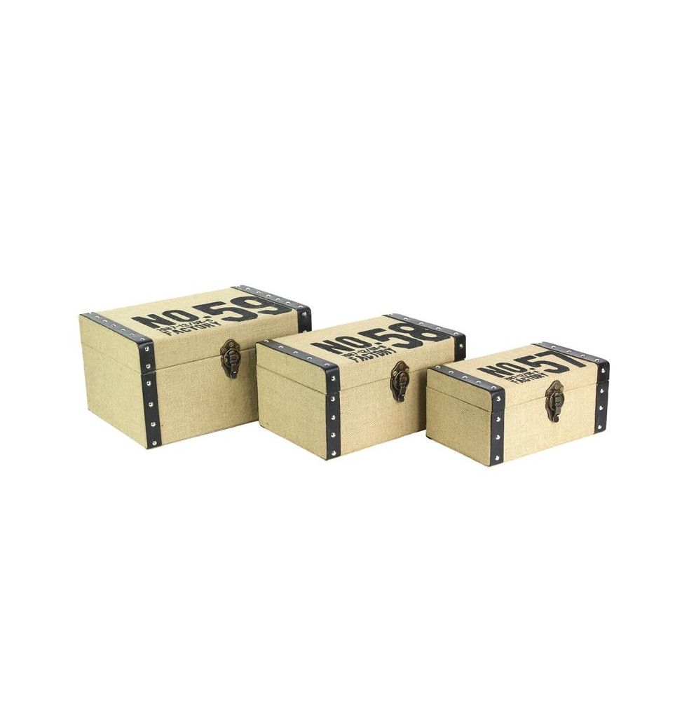Lot de 3 malles de rangement en toile de jute - L 34 x l 28 x H 24 cm - Beige et Noir