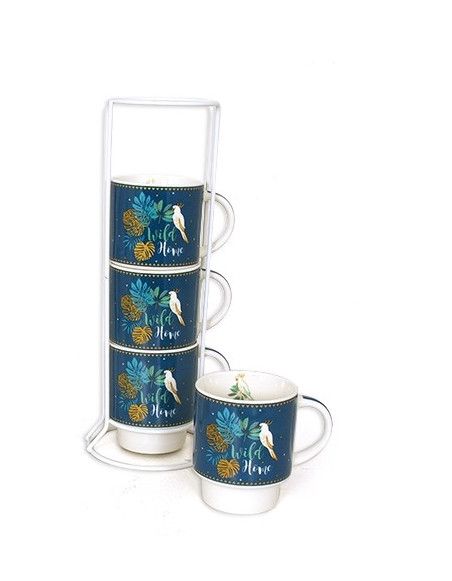 Set de 4 mugs sur colonne - Wild Home - D 7 x H 27 cm - Bleu