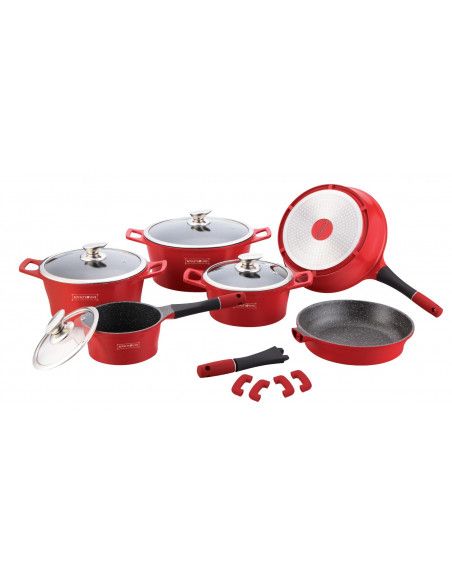 Batterie de cuisson complète effet marbre - 14 pièces - Tous feux - Rouge