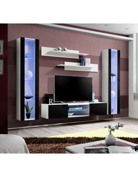 Ensemble meuble TV mural - FLY O2 - 260 x 40 x 190 cm - Noir et blanc
