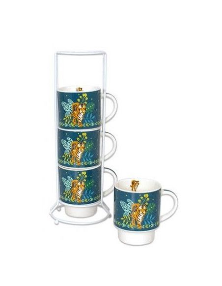 Set de 4 mugs Tigre sur colonne - 200 ml - Bleu