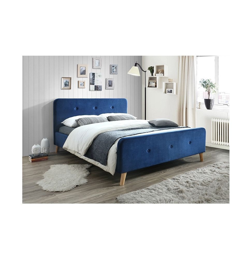 Lit double - Malmo - Pour matelas 160 x 200 cm - Tissu de velours - Bleu