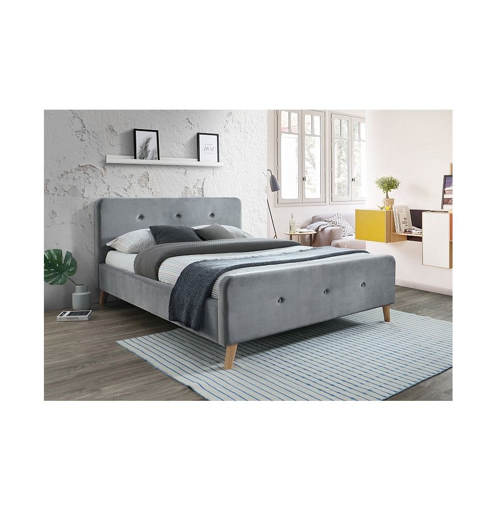 Lit double - Malmo - Pour matelas 160 x 200 cm - Tissu de velours - Gris
