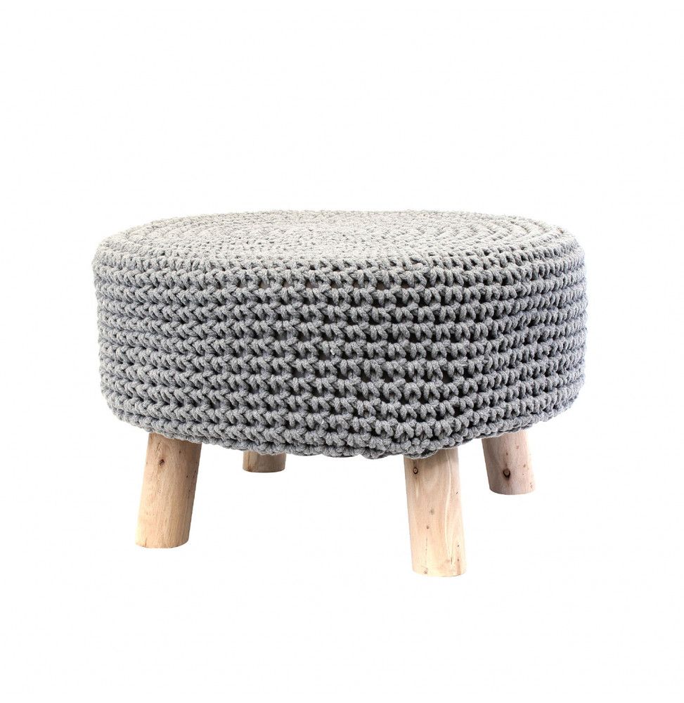 Pouf tressé avec pieds en bois - D 49 cm - Gris clair
