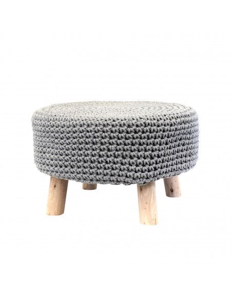 Pouf tressé avec pieds en bois - D 49 cm - Gris clair