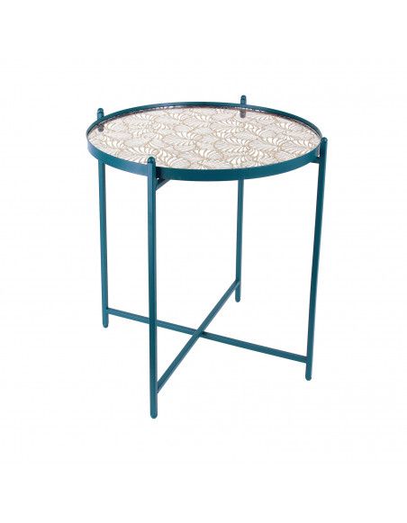 Table ronde en métal avec miroir - D 43 cm - Bleu