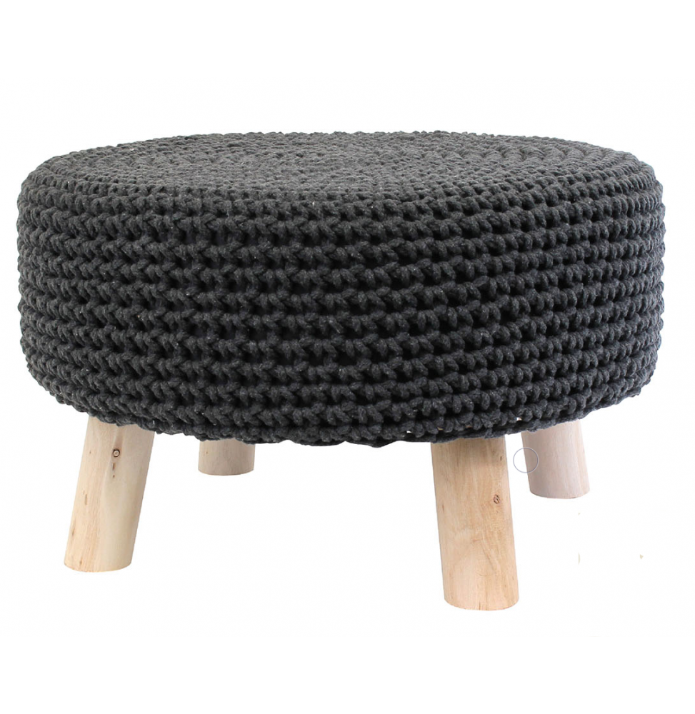 Pouf tressé avec pieds en bois - D 49 cm - Gris foncé