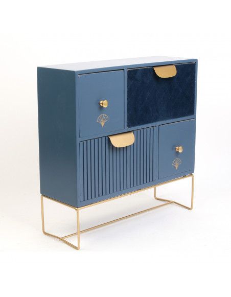 Rangement de table 4 tiroirs - Organisateur L30 cm - Bois et velours - Bleu