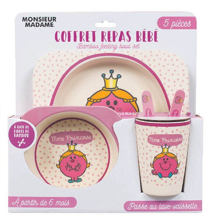 Coffret repas pour enfant en fibres de bambou - Mme Princesse - 5 pièces