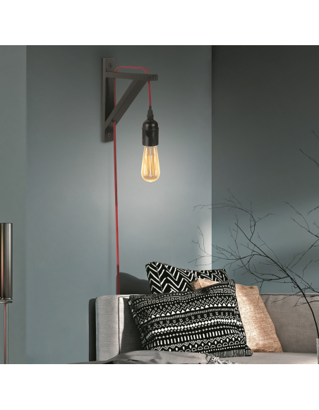 Applique murale - Bois noir et cable rouge - Luminaire suspendu