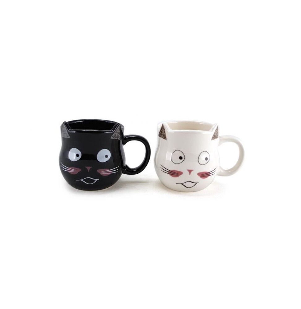 Lot de 2 mugs chat - D 8 cm x H 8 cm - Noir et Blanc