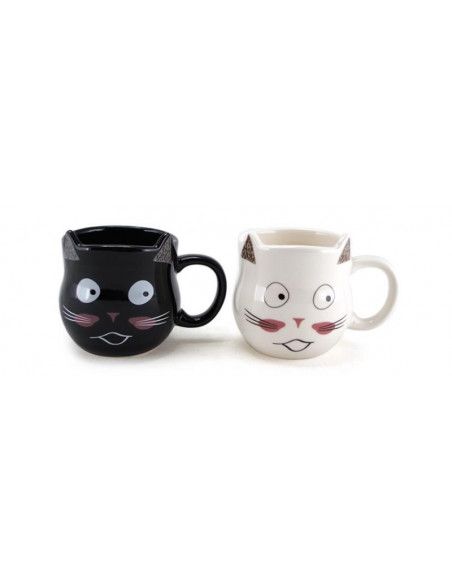 Lot de 2 mugs chat - D 8 cm x H 8 cm - Noir et Blanc