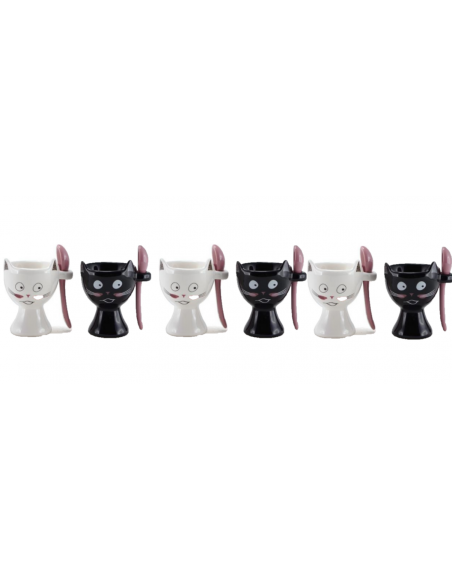 Lot de 6 coquetiers et cuillères - Design chat - D 5.5 cm x H 8 cm - Noir et blanc