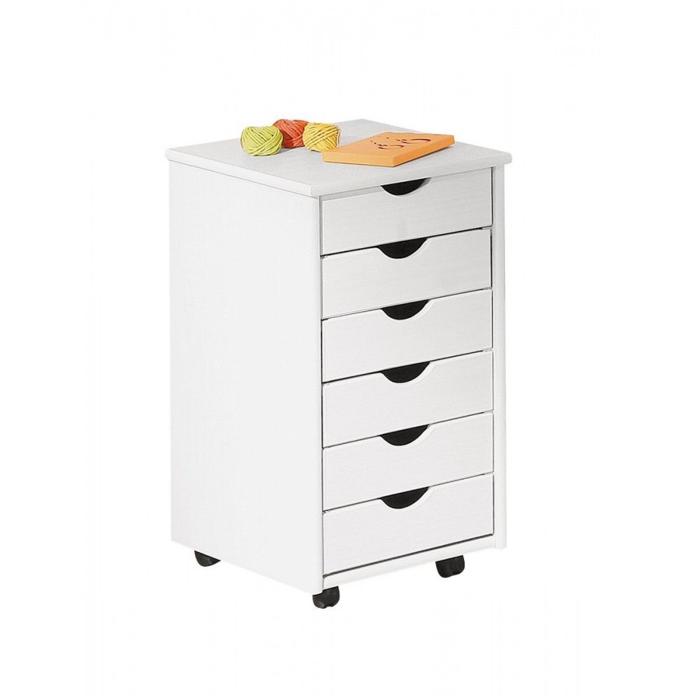 Caisson De Bureau Sur Roulettes SIMON 6 Tiroirs Pin Massif Blanc