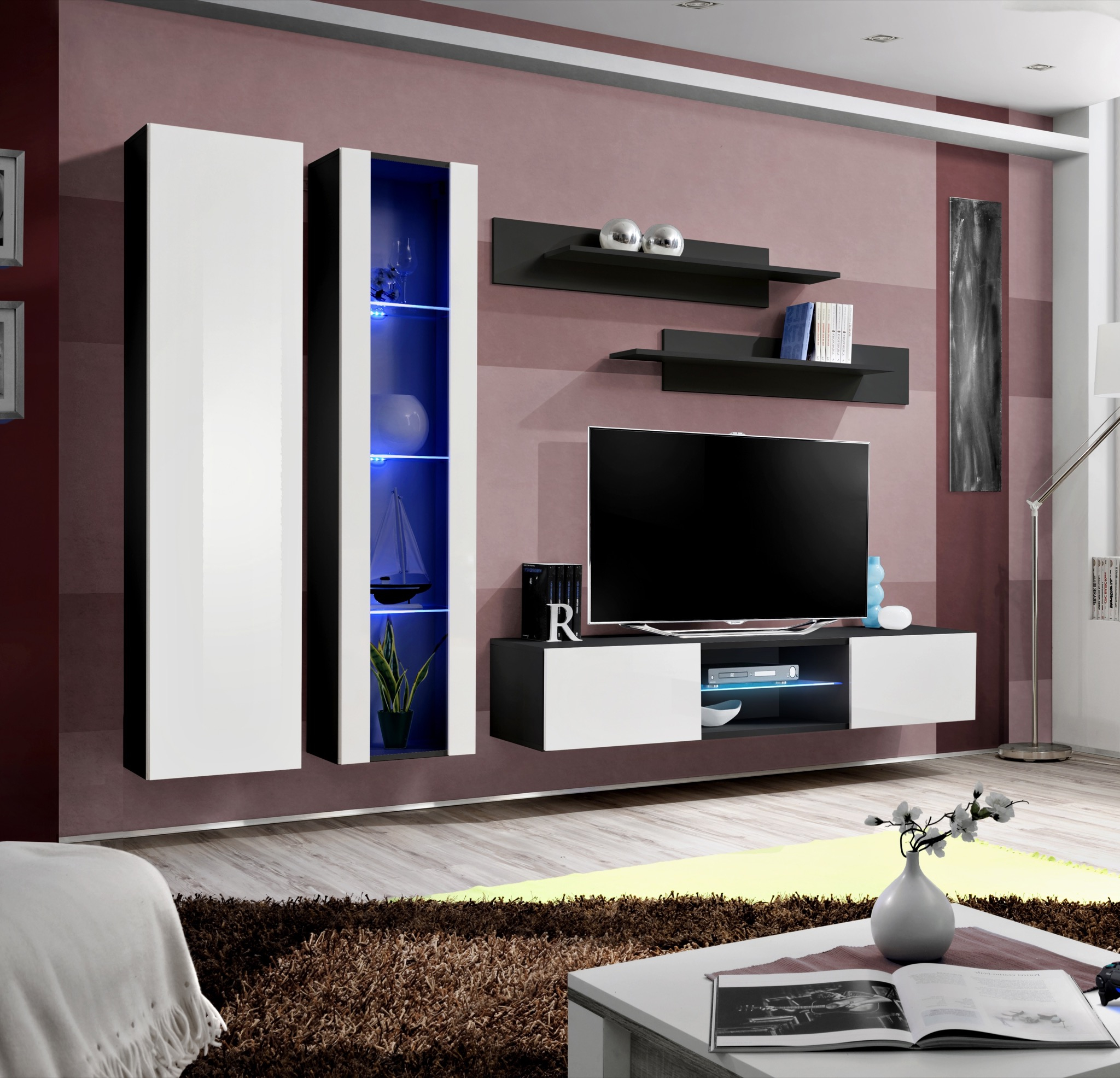 Ensemble meuble TV mural - FLY O4 - 260 x 40 x 190 cm - Blanc et noir