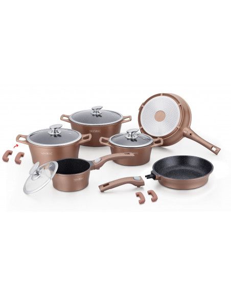 Set de 4 casseroles et 2 poêles avec revêtement en marbre - Tailles différentes - Couleur cuivre