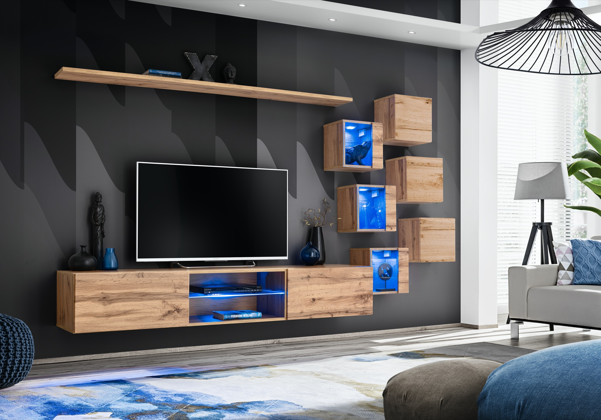 Ensemble meuble TV mural Switch XXI - L 240 x P 40 x H 120 cm - Marron
