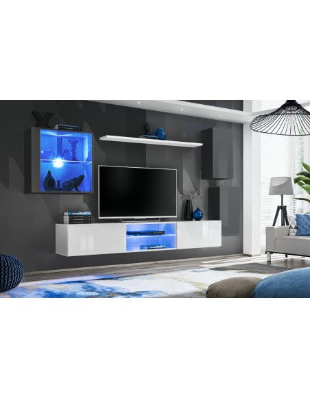 Ensemble meuble TV mural Switch XXIII - L 250 x P 40 x H 140 cm - Blanc et gris