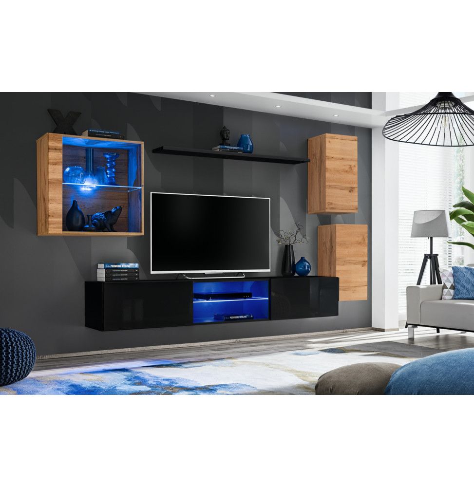 ensemble meuble tv mural switch xxiii l 250 x p 40 x h 140 cm noir et marron