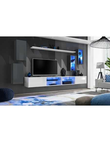 Ensemble meuble TV mural Switch XXV - L 280 x P 40 x H 140 cm - Blanc et gris