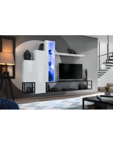 Ensemble meuble TV mural Switch Met VIII - L 240 x P 30 x H 151 cm - Blanc