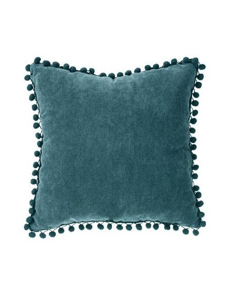 Coussin à pompons - L 40 cm x l 40 cm - Bleu