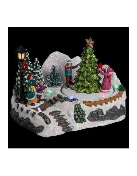 Village de Noël - L 18 cm x l 12,5 cm - Enfants autour d'un sapin