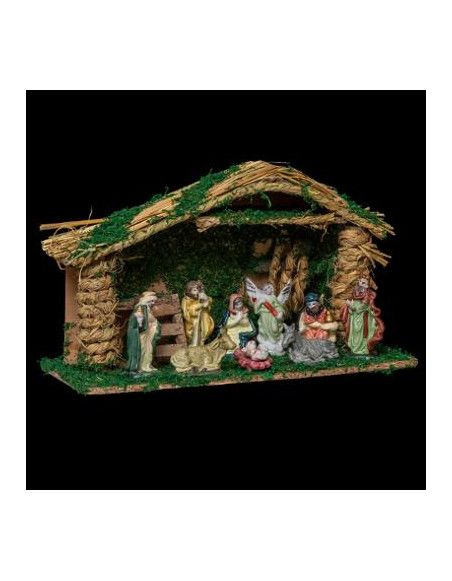 Crèche de Noël avec 9 santons - L 38 cm x l 14.5 cm - Bois