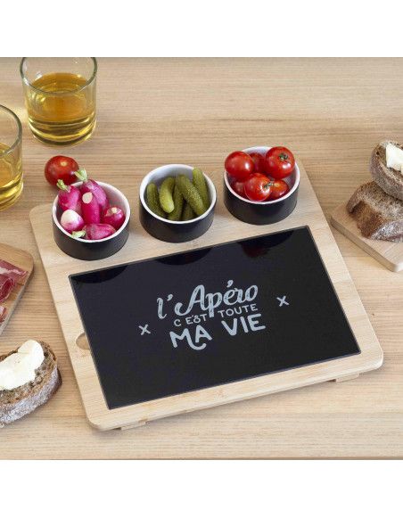 Plateau apéritif  avec sa planche et 3 coupelles - Bambou