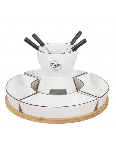 Coffret Fondu - Support en bambou et 4 coupelle - Blanc