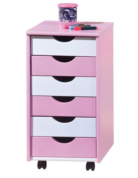 Caisson sur roulettes - Blanc et rose - Pierre - Meuble 6 tiroirs pour bureau