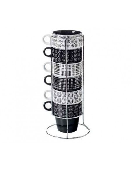 Lot de 6 mugs avec rack - 26 cL - Ethnik -Noir et blanc