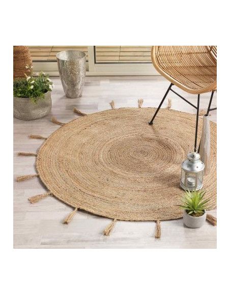 Tapis rond à pompons - D 120 cm - Argenté