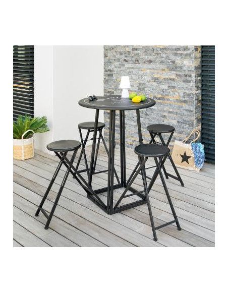 Ensemble pliable - Table haute et 4 tabourets - D 77,5 cm x H 102 cm - Noir