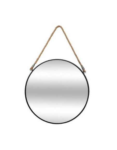 Miroir rond en fer avec corde en jute - D 55 cm - Noir