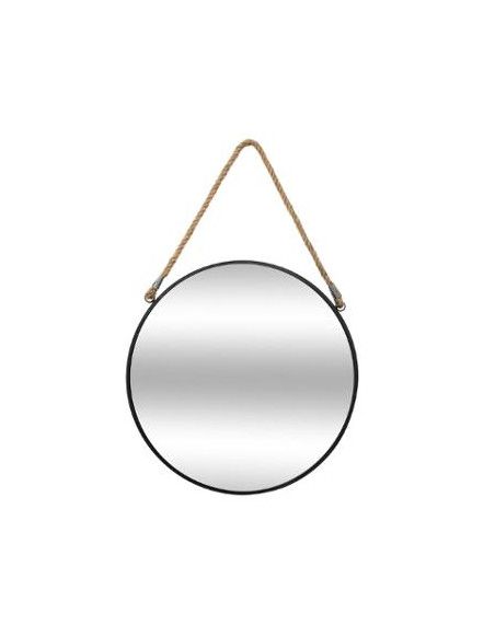 Miroir rond en fer avec corde en jute - D 38 cm - Noir